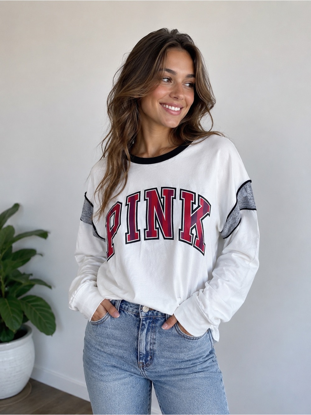 PINK Victoria's Secret White Long Sleeve Tee with Black Trim and Pink Logo